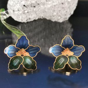 Vintage Cloisonné Enamel Flower Floral Stud Pierced Earrings